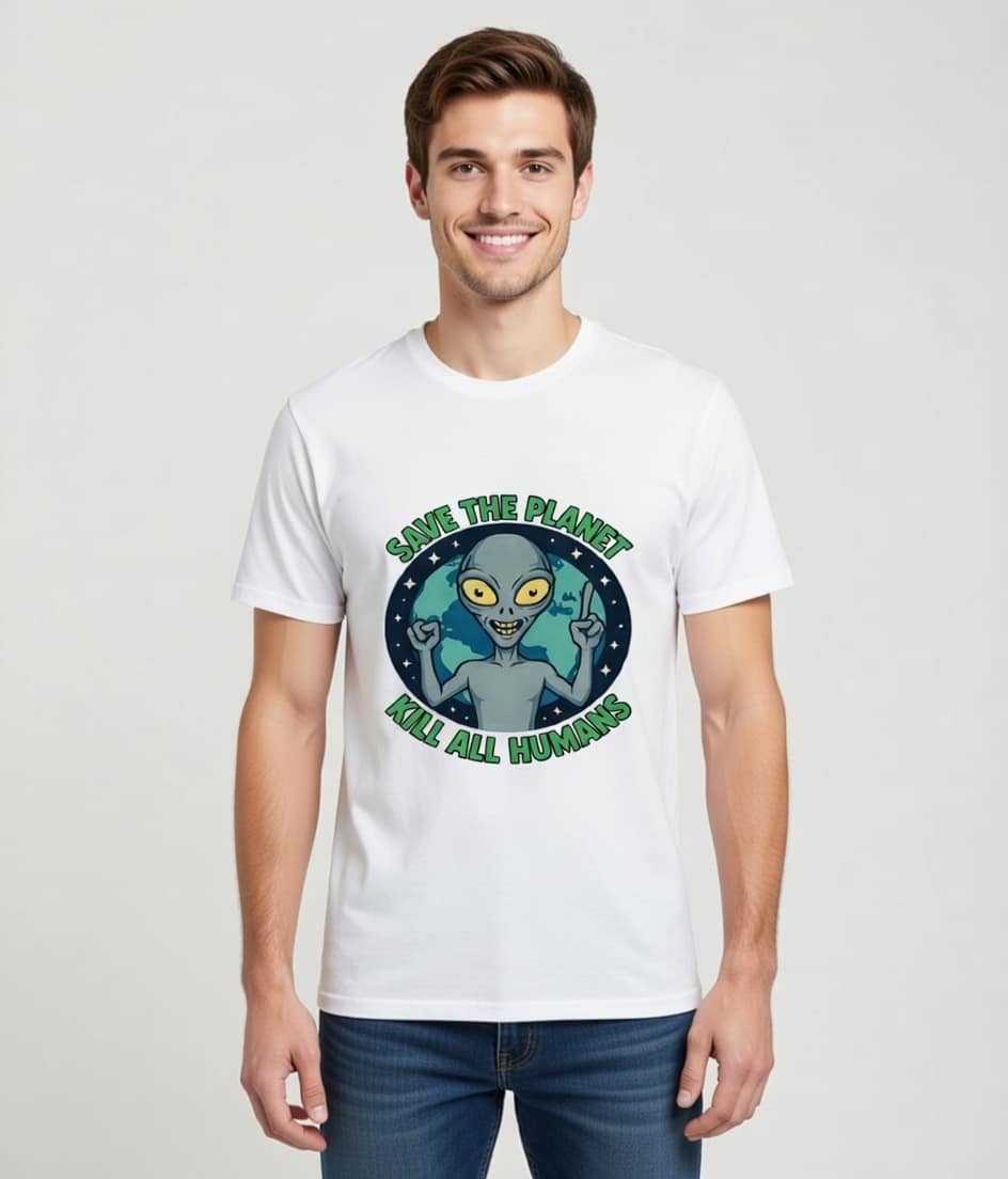 Funny Alien T-Shirt Save The Planet Kill All Humans Graphic Tee UFO Humor